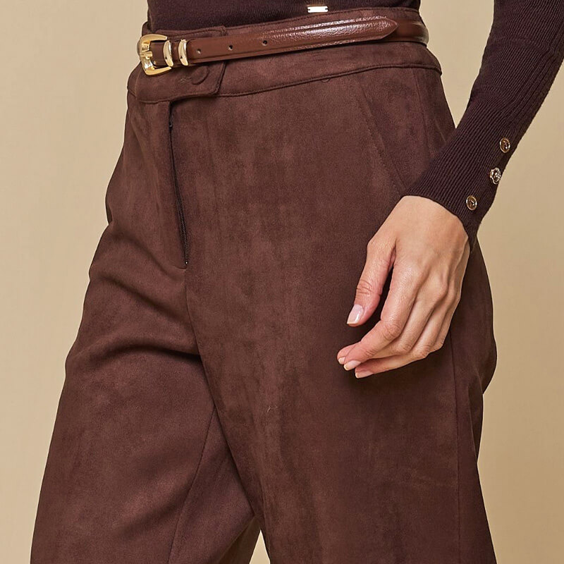Calça reta feminina de suede transpasse cós - Image 3